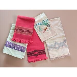 1960’s Hand Tea Towels Embroidered Handmade Cottagecore Colorful Abstract Design